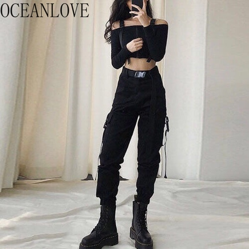 OCEANLOVE Cargo Pants Women Solid Pockets Streetwear Fashion Korean Student Casual Pantalon Femme Spring Trousers 13655 201111