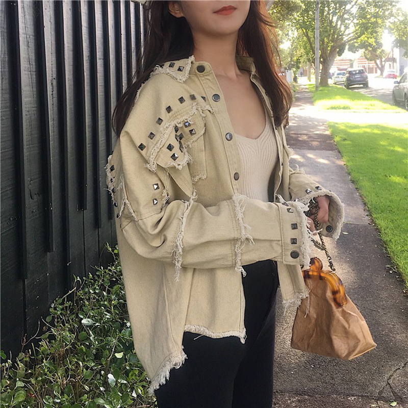 Spring Rivet Denim Jacket Casual Loose jeans jacket women Long Sleeve Plus size women Bomber jacket Autumn women's denim Coat T200319