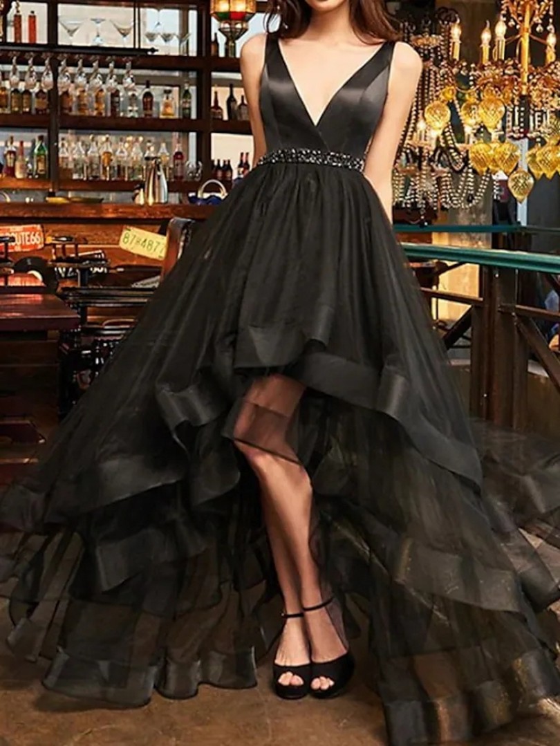High Low Black Engagement Prom Dress V Neck Sleeveless Asymmetrical Tulle Beads Sash Formal Party Gown New Vestidos Fiesta Robe De Soiree 2022
