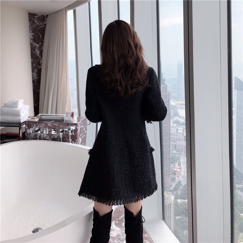 Vintage Notched Collar Tweed Tassel Patchwork Jacket Women Black Casual Double-Breasted Jackets Long Sleeve Wool Outerwear 201106