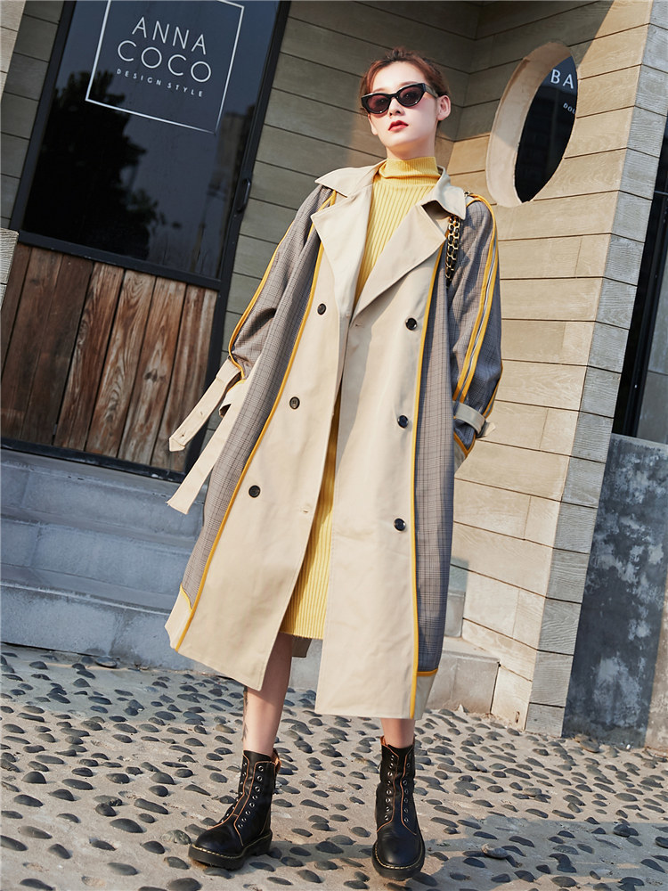 LANMREM 2020 Original Retro Hit Color Plaid Windbreaker Women's Collar Striped Double-breasted Long Coat Loose Spring 19B-a380 T200811