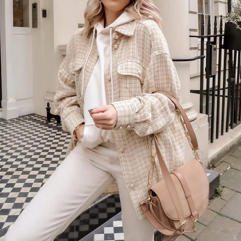 Tweed Women Pearl Button Shirts Autumn Fashion Ladies Oversize Thick Shirt Streetwear Female Outfits Cute Girls Chic Shirts 201201