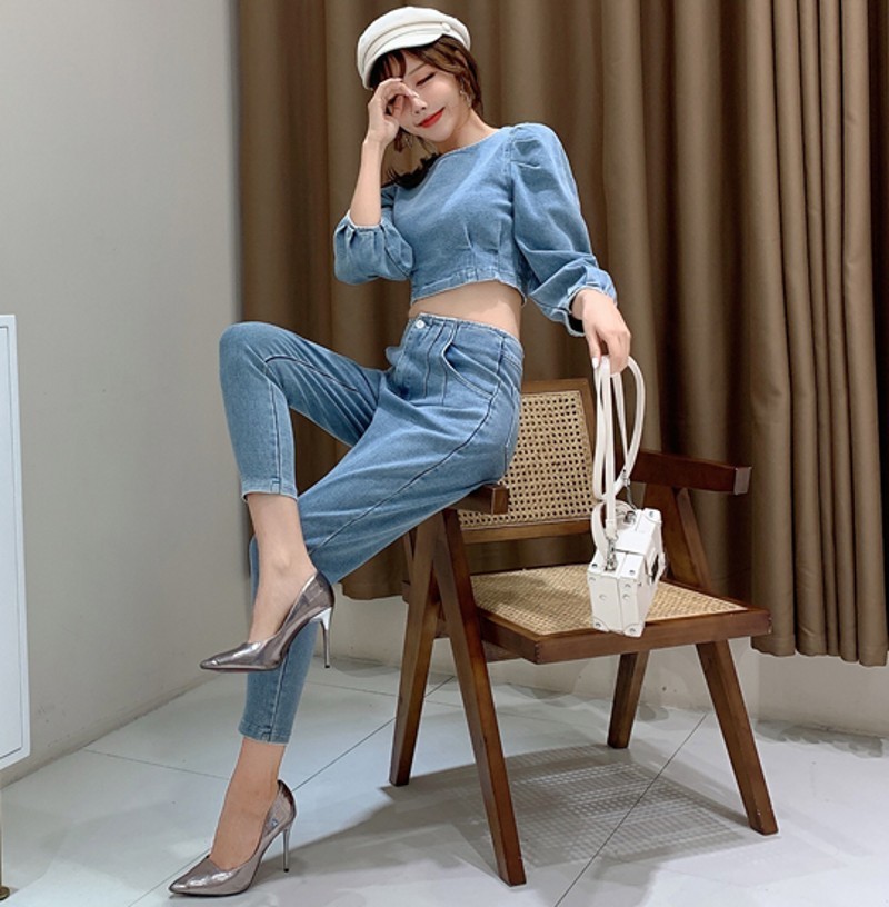 spring Sexy Denim Two Piece Set Women Fashion Round Neck 3/4 Sleeve Navel Top + High Waist Denim Pencil Pants 2 Piece sets 201119
