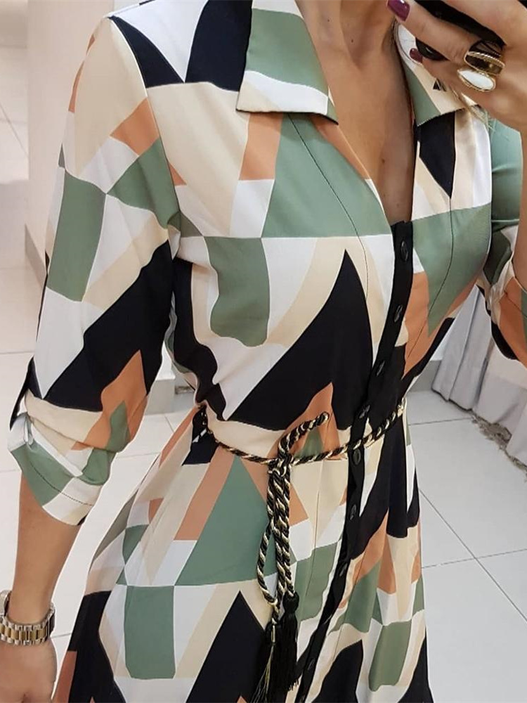 Summer Women Elegant Vacation Stylish Leisure Dress Female Slimming Colorblocked Geo Print Asymmetrical Casual Dress T200107