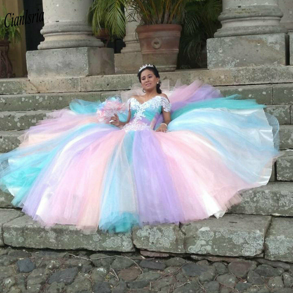 Rainbow Sparkly Off Shoulder Quinceanera Dresses Sweet 16 Prom Party Ball Gown Birthday Party Gowns Princess Prom Dress