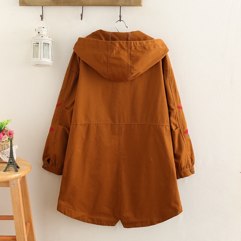 Plus Size Women Trench Coat 2019 Spring Loose Hooded Pocket Zipper SevenPoint Sleeve Embroidered Windbreaker Female Outerwear T200810