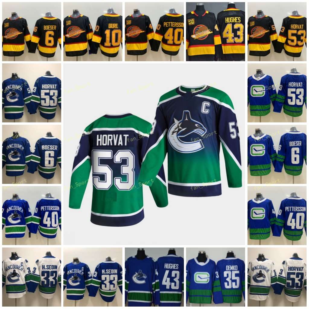 2021 Reverse Retro Vancouver Canucks Hockey 40 Elias Pettersson 53 Bo Horvat 33 Henrik Sedin 43 Quinn Hughes 6 Brock Boeser Thatcher Demko, Black;red
2021 Reverse Retro Vancouver Canucks Hockey 40 Elias Pettersson 53 Bo Horvat 33 Henrik Sedin 43 Quinn Hughes 6 Brock Boeser Thatcher Demko, Black;red