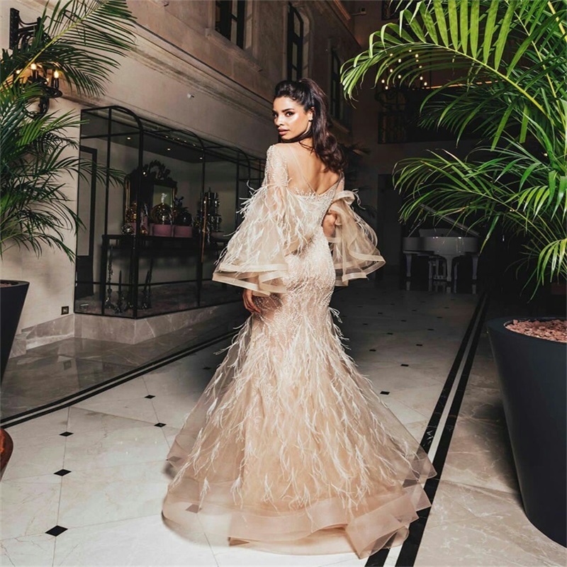 Real Image Evening Dresses Luxury Feather Lace Appliqued Mermaid Prom Dresses Long Sleeves Ruffles Custom Made Formal Pageant Gown Chic