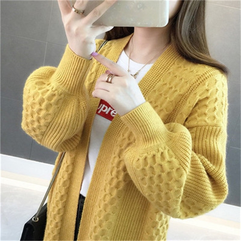 knitted cardigan women's wear 2009 spring wear V-collar pure-color foam sleeve sweater loose Korean version jacket 201223