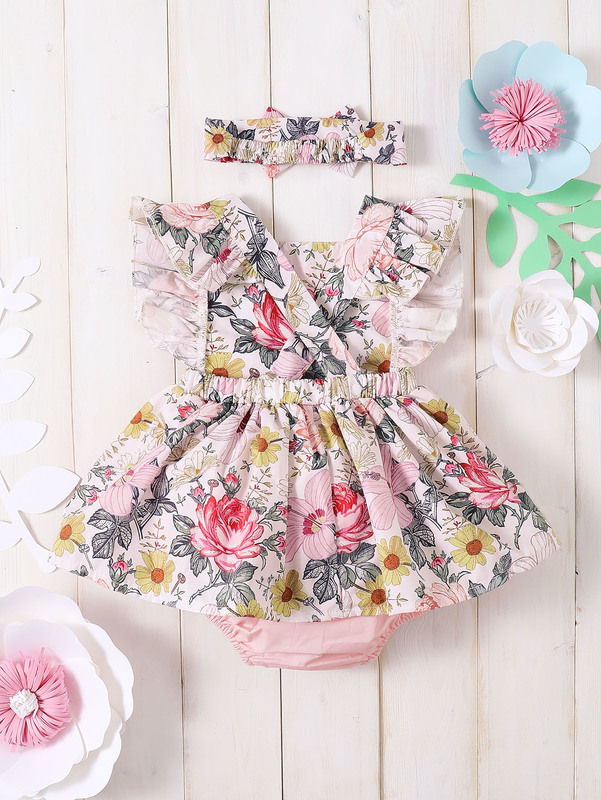 Baby Girl Bow Front Floral Print Dress With Headband SHE