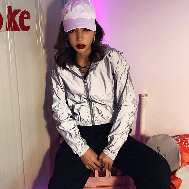 Full Reflective Jackets Women Personality Windbreaker Jacket Coat Female Hooded Streetwear Hip-hop Shinny Jacket Zipper 201026