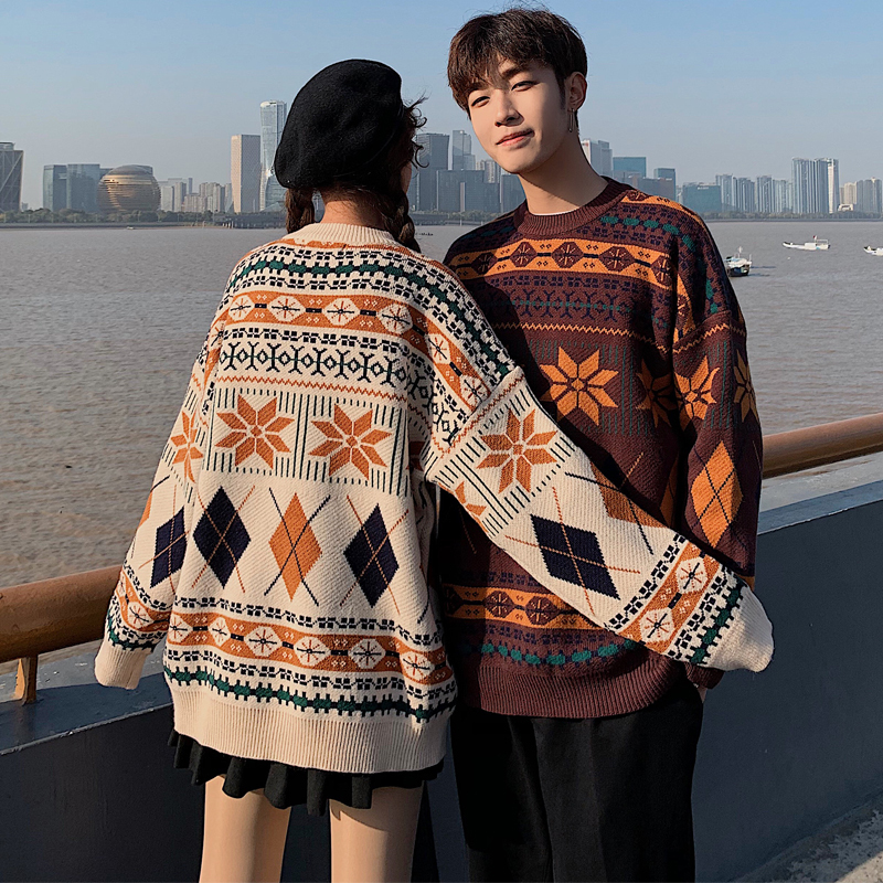 Vintage Thicken Geometric Pattern Women Sweaters Autumn Winter Pullovers Jumpers Female Korean Knitted Sweater couple 210203