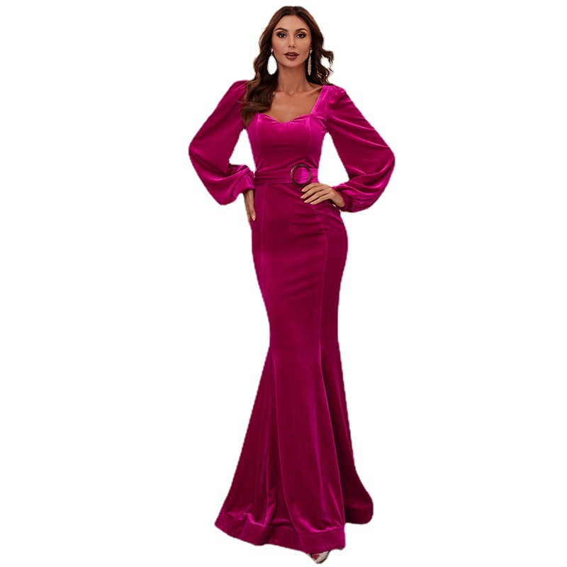 Elegant Prom Dresses Sweetheart Long-sleeves Floor-length Custom made Velvet Fabric Formal Evening Dress Belt Robes De Mariée