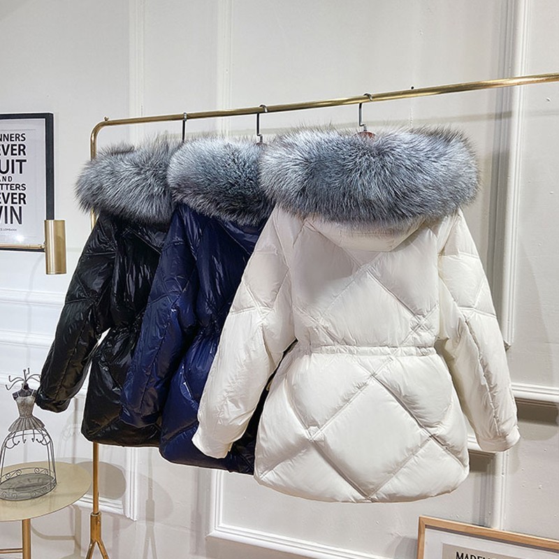 FTLZZ Winter New Women Jacket Fox Fur Collar Hooded White Duck Down Parkas Tuck In The Waist Casual Short Oversized Snow Outwear 201019
