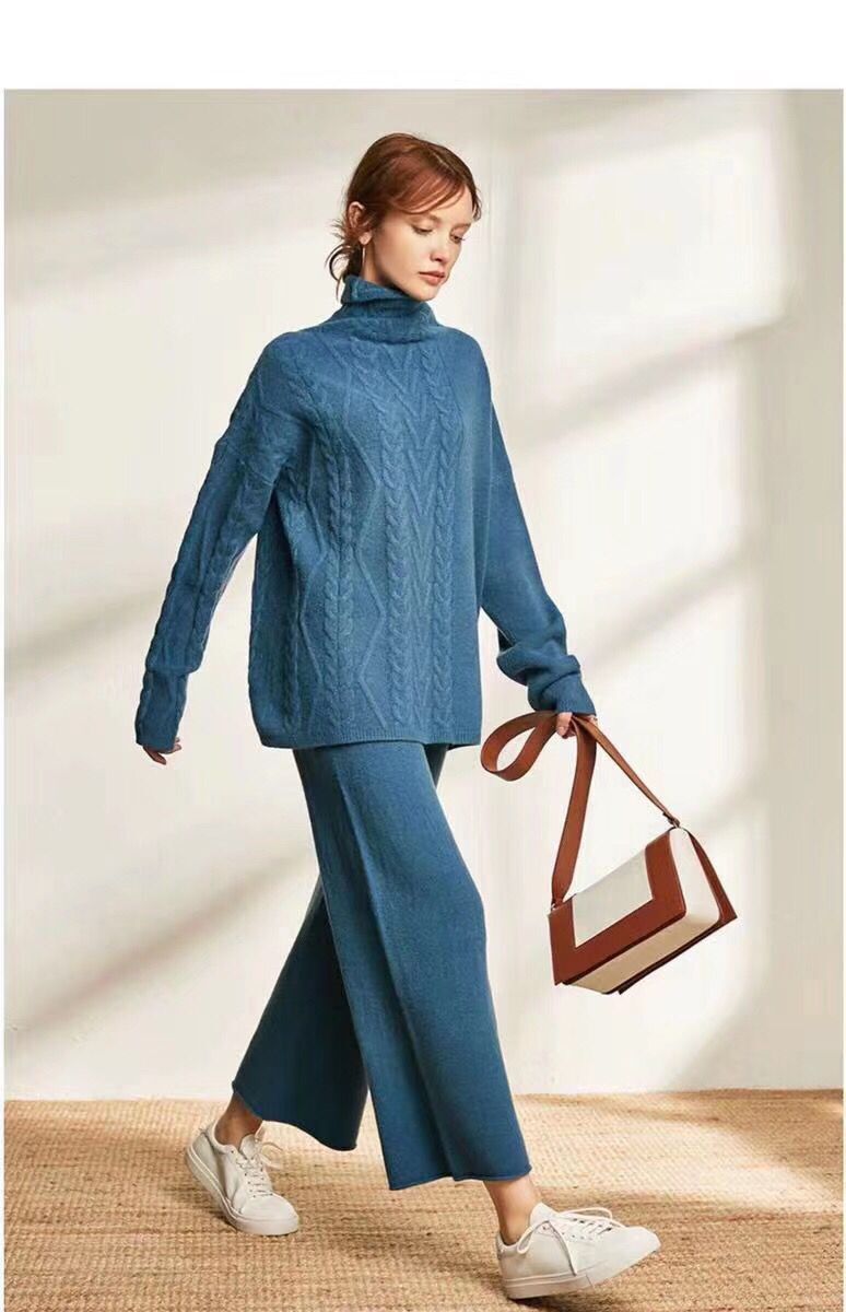 2020Women Woolen Solf warm Knitted suit Female wide legs pullover sweater & pant 2 piece set ,apricot Pink Green Blue T200118