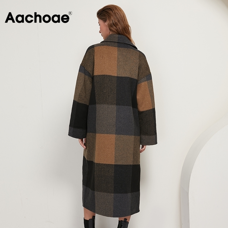 Aachoae Women Vintage Plaid Woolen Long Coat With Pockets Double Breasted Fashion Overcoat Female Batwing Long Sleeve Wool Coats 201027