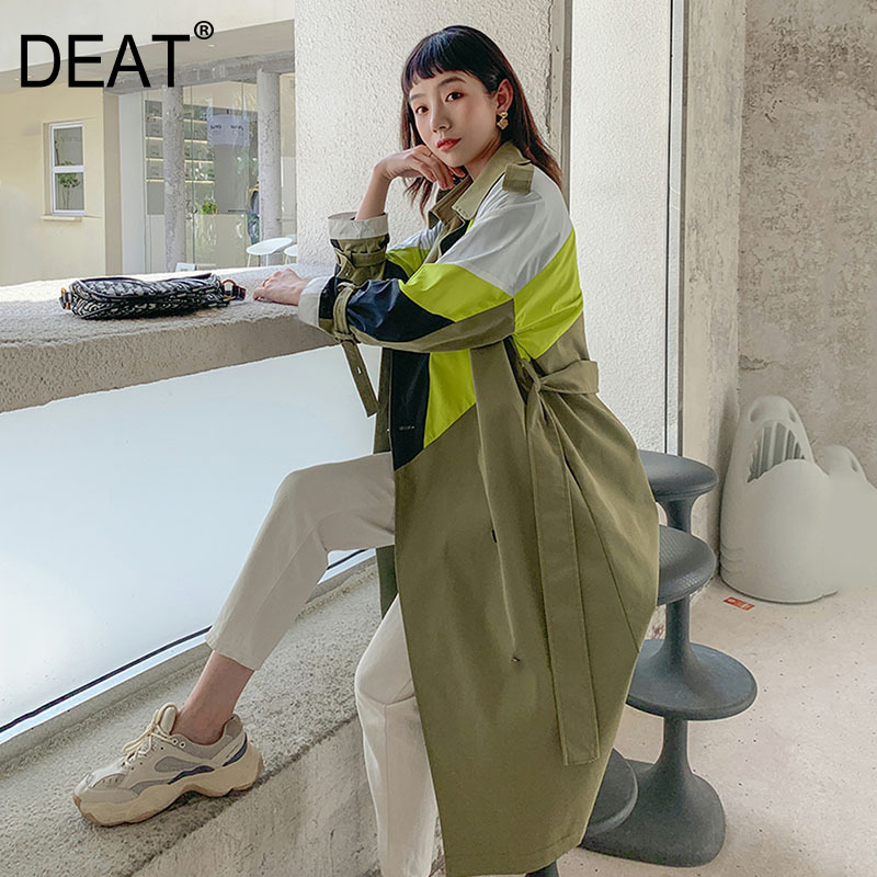 DEAT New Autumn Fashion Trench Coat Women Hit Color Full Sleeve Lapel With Sashes Slim Long Length Elegant Wild HT034 201111