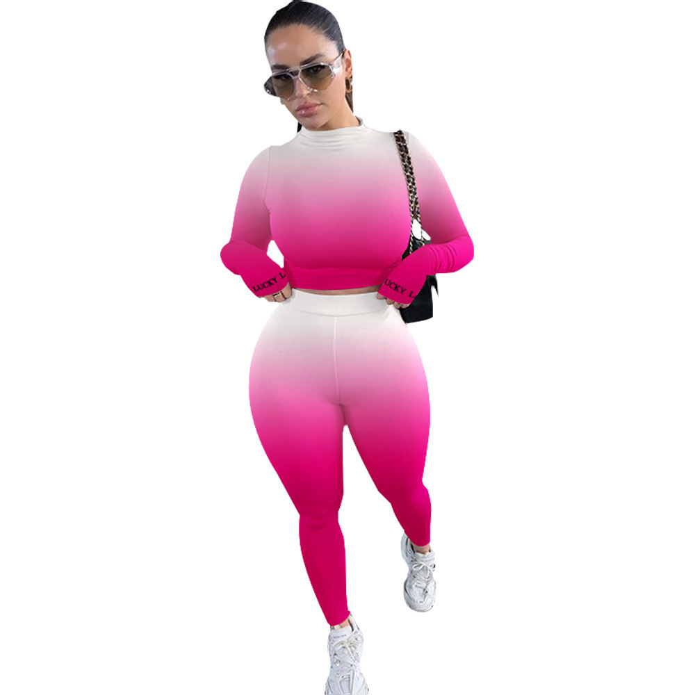 Women Two Piece Set Designer pants Sexy Gradient Long Sleeve T Shirts Tight Trouser Outfits Plus Size Ladies Fashion Casual Clothing Fall