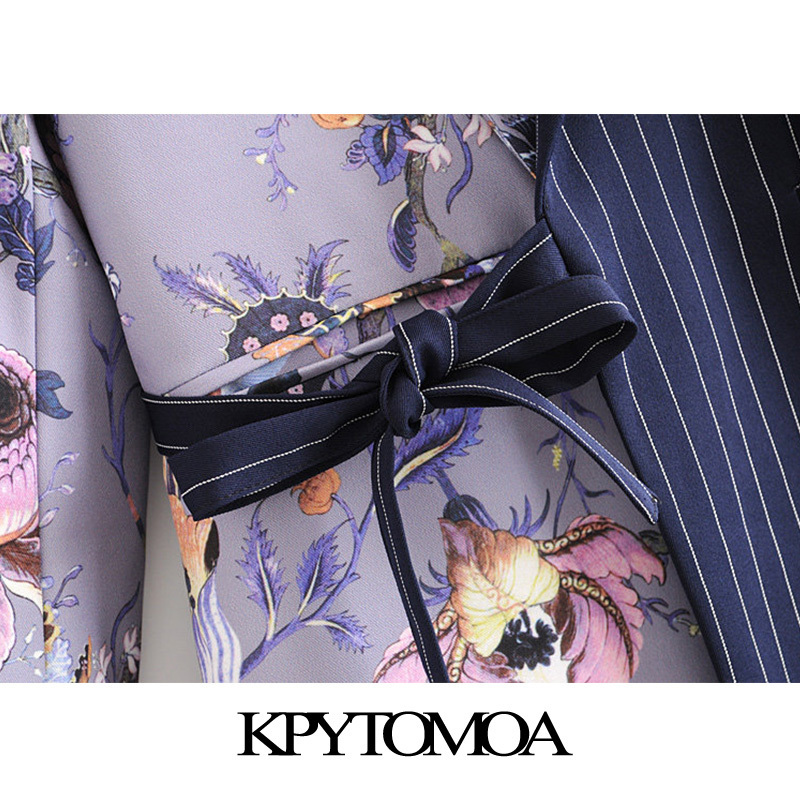 KPYTOMOA Women Fashion Office Wear Floral Print Patchwork Blazer Coat Vintage Pockets With Belt Female Outerwear Chic Tops 201106