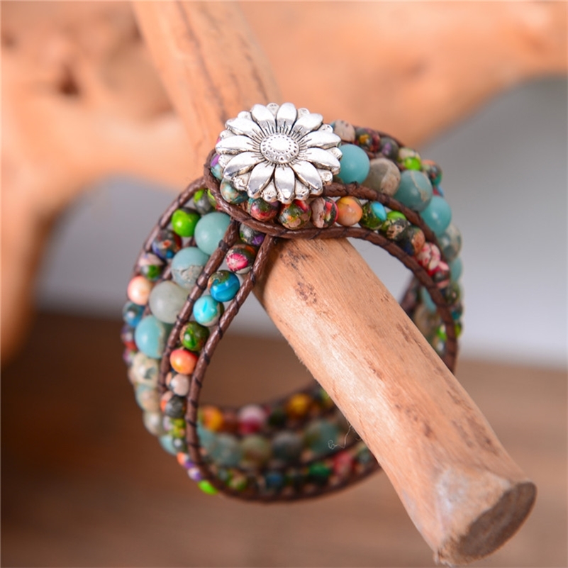 Drop Women Boho Three Layer Round Shape Emperor Stone Single Leather Wrap Friendship Beaded Bracelet Y200918