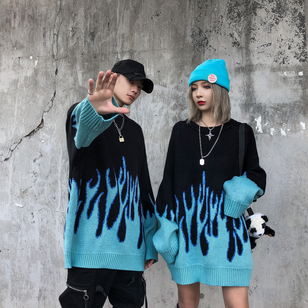 Flame Sweater for Men Women Harajuku Lazy Pullovers Sweaters Autumn and Winter Hip Hop Oversized Knitting Pullover Top 200929
