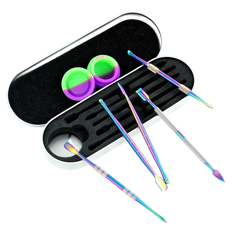 Rainbow silver Dab Tool Kit Set with 5ml silicon container 5pcs long dabber tool metal single package for wax dry herb
Rainbow silver Dab Tool Kit Set with 5ml silicon container 5pcs long dabber tool metal single package for wax dry herb