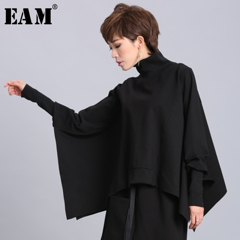 [EAM] Loose Fit Black Asymmetrical Oversized Sweatshirt New Turtleneck Long Sleeve Women Big Size Fashion Tide Spring OA869 201007