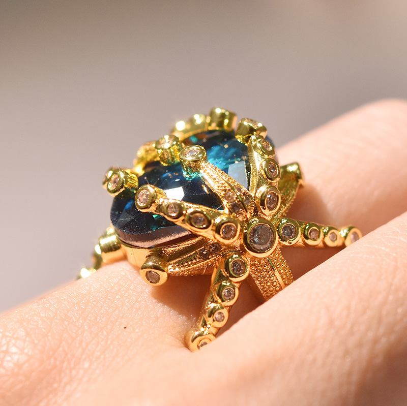 14k Yellow Gold Sapphire Diamond Ring for Women Peacock Blue Topaz Stone Dainty Jewelry Bizuteria Anillos Wedding Ring Gemstone 201112