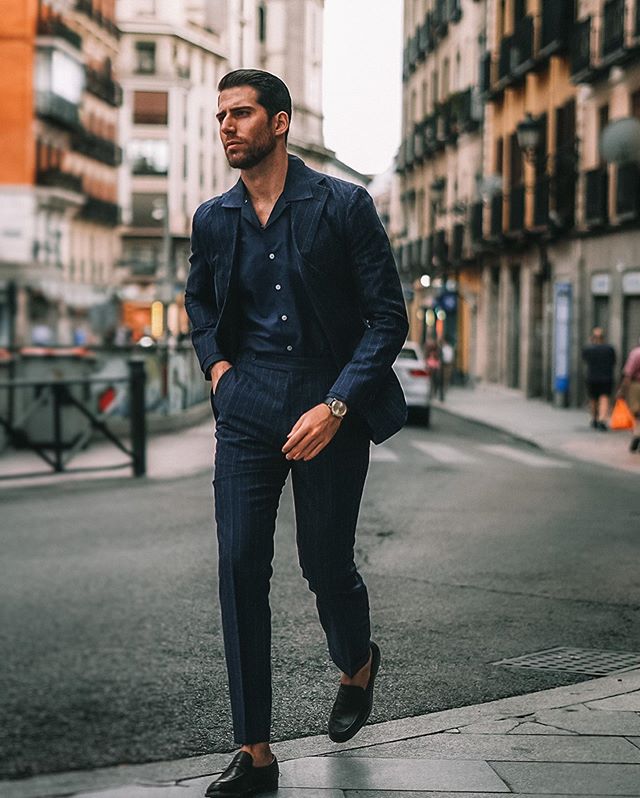 Navy Pinstripe Mens Suits Handsome Slim Fit Two Button Peaked Lapel Groom Best Men Prom Party Blazer Jacket(jacket+pants)