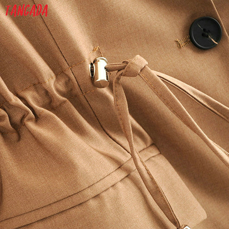 Tangada women solid blazer elegant Elastic waist sashes long jacket office ladies feminino formal suits 111 201114