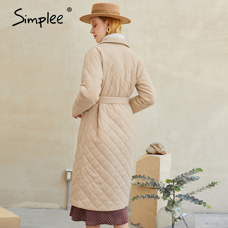 Fashion female winter windproof jacket Casual sashe winter parka Long straight coat with rhombus pattern 200928