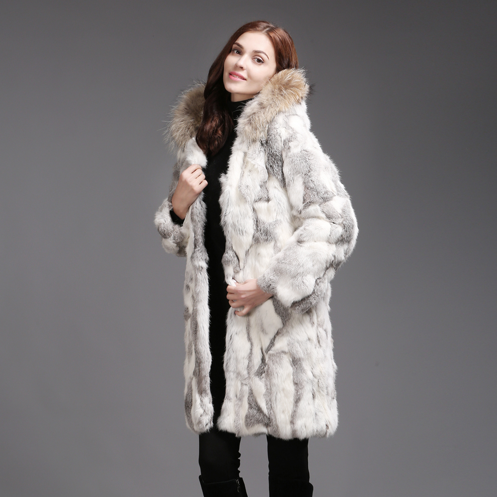 New Fashion Women Real Coat Winter Warm Soft Jacket With Raccoon Collar Hooded Rabbit Fur Outerwear LJ201204