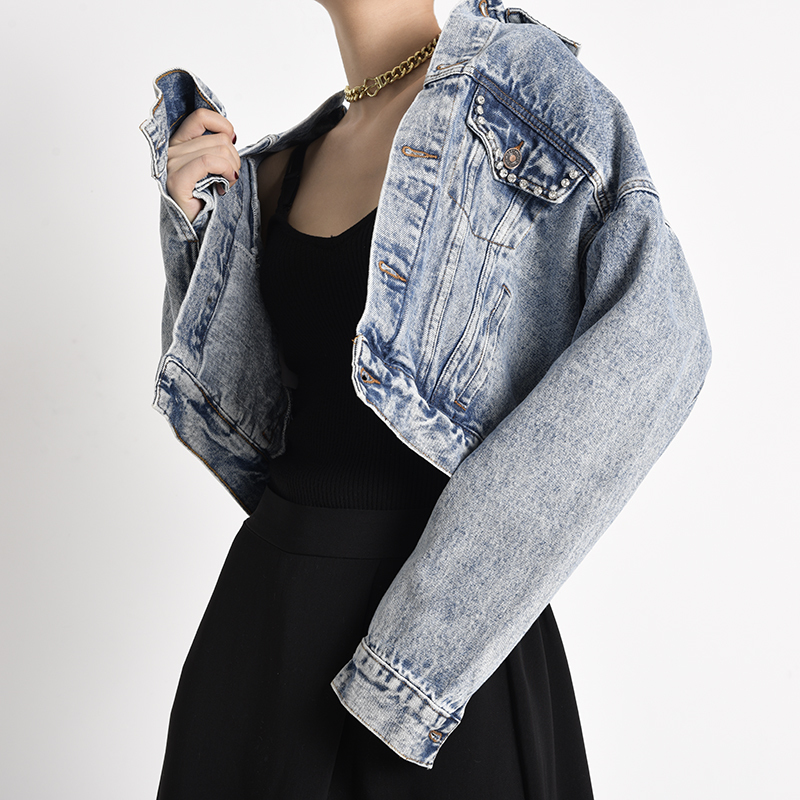 EAM Blue Short Rhinestones Hollow Out Denim Jacket Lapel Long Sleeve Women Coat Fashion Spring Autumn 1X90305 201029