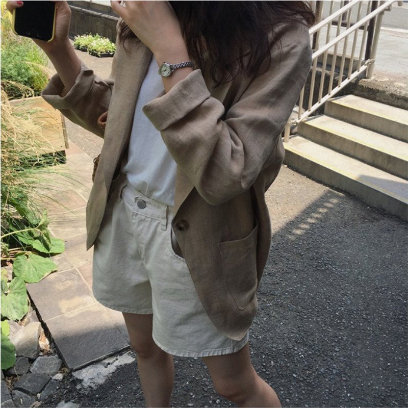 Women Summer Cotton Linen Notched Collar Jacket Vintage Coat Single Button Casual Chaqueta Mujer Pocket Veste Femme 201126