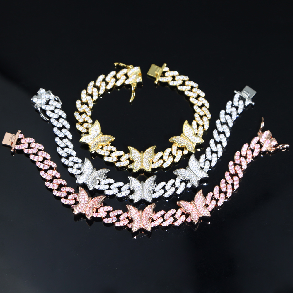 2024 Women Hip Hop Butterfly Charm Cuban Chain Bracelet Bangle with White Pink 5A cz Paved Gold Rose Gold Silver Color for Women Wedding