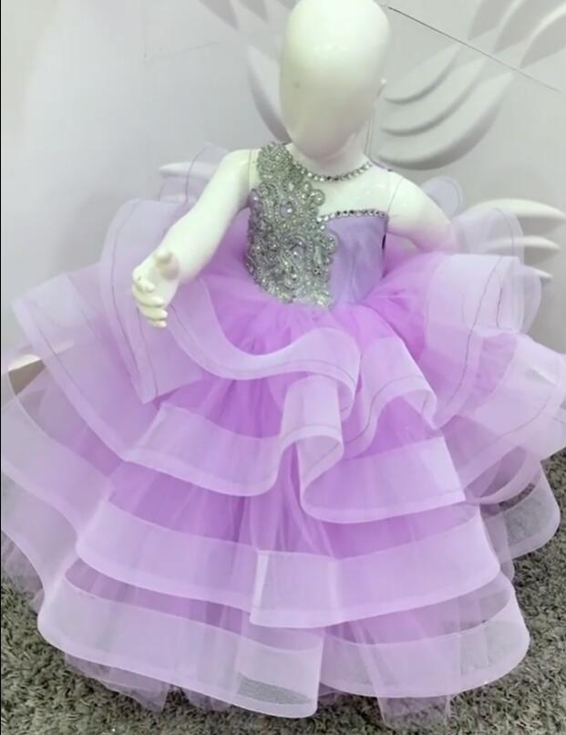 Lilac Crystals 2020 Flower Girl Dresses Sheer Neck Tulle Little Girl Wedding Dresses Cheap Communion Pageant Dresses Gowns ZJ646