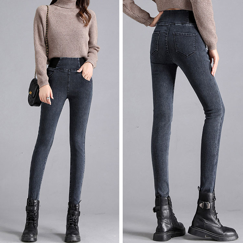 Classical vintage plus szie skinny jeans women elastic high waist stretch slim denim pencil pants solid colors straight leg jean 210203