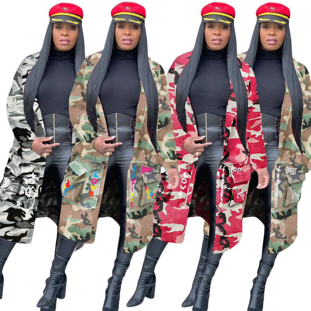 Plus Size Camouflage Trench For Women: Autumn Casual Letter Print Coat With Pockets B3