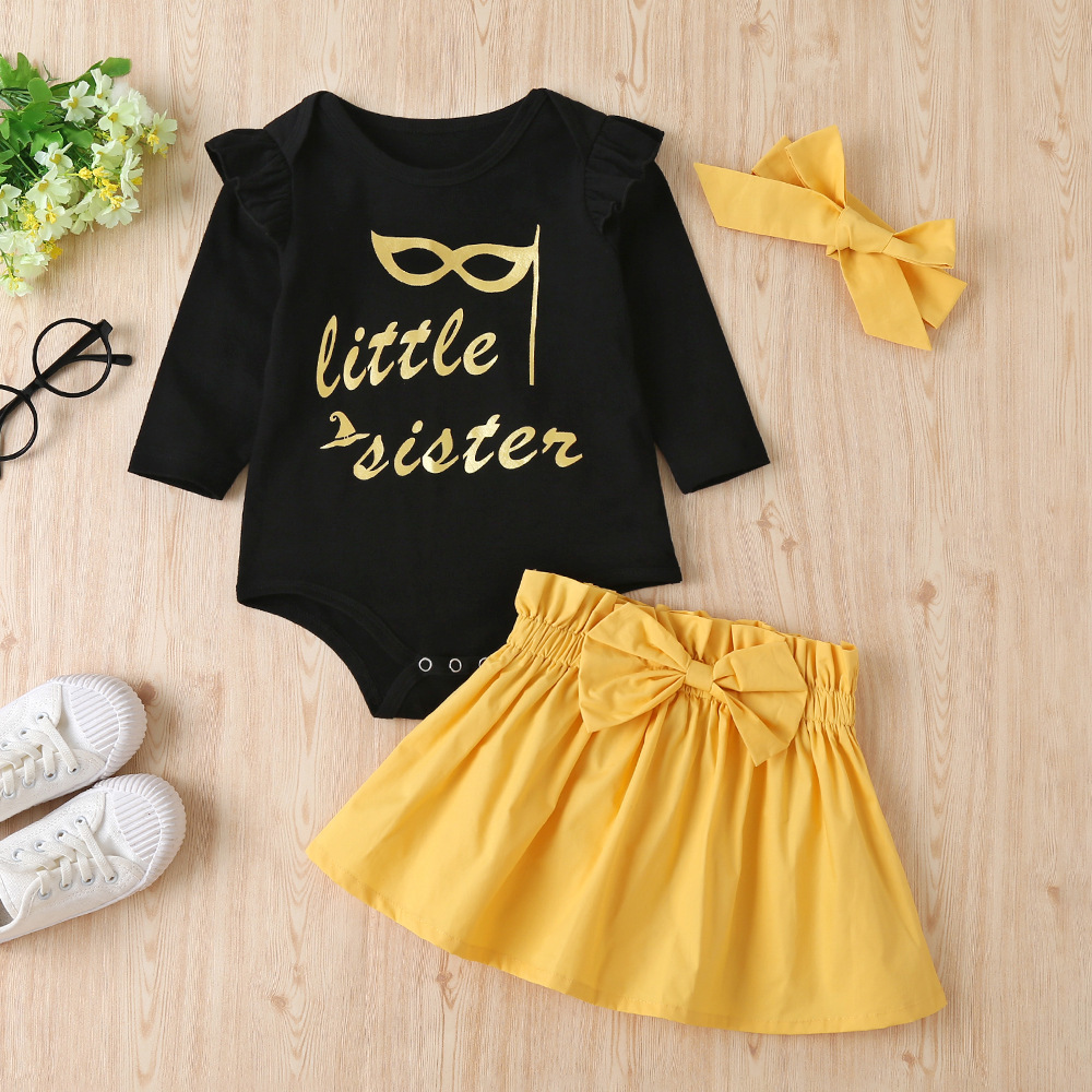 Childrenswear New Products 2020 Autumn Korean-style GIRL'S Black Long-sleeve Jumpsuit Yellow Pleated Skirt with Headdress of FatX1019
