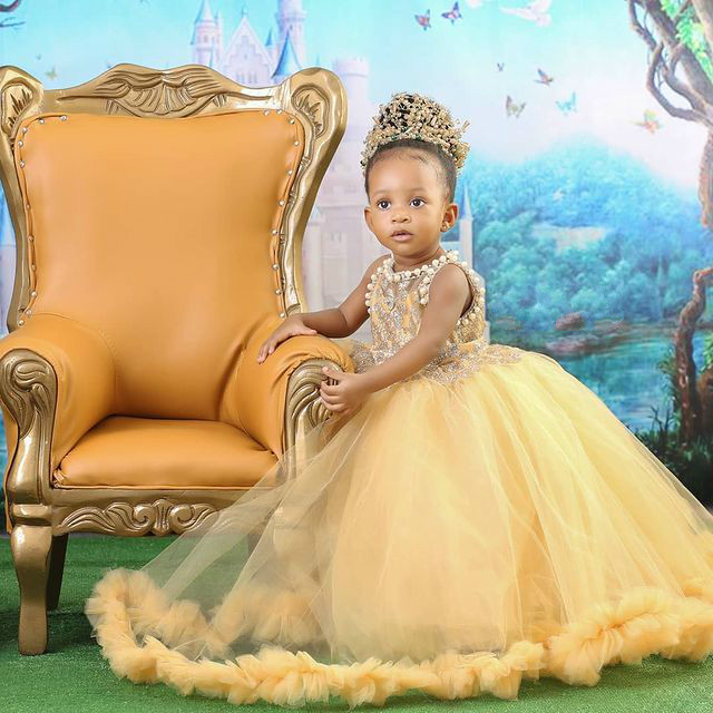 Gold Lace Flower Sheer Neck Pearls Little Girl Wedding Cheap Communion Pageant Dresses Gowns F359278p 0514