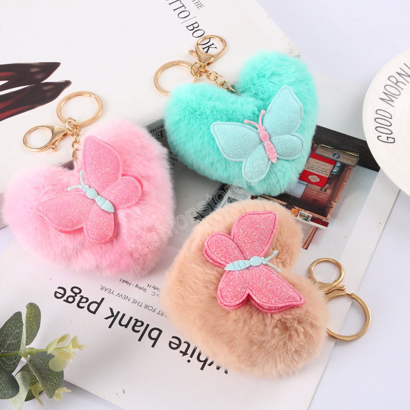 Heart Shape Hair Ball Key rings Plush Pompom Car Keychain for Women Bag Ornaments Cute Butterfly Key Chain Holder