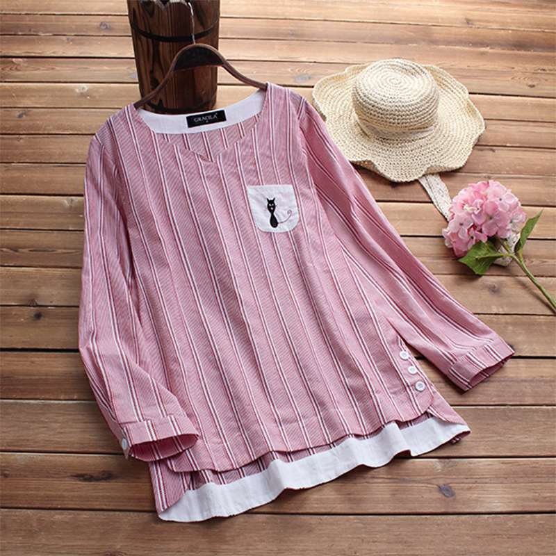 Women Blouse Ladies Autumn Long Sleeve Striped Shirts Casual Side Buttons Irregular Blouse V Neck Blusas Work Top Plus Size Y200930