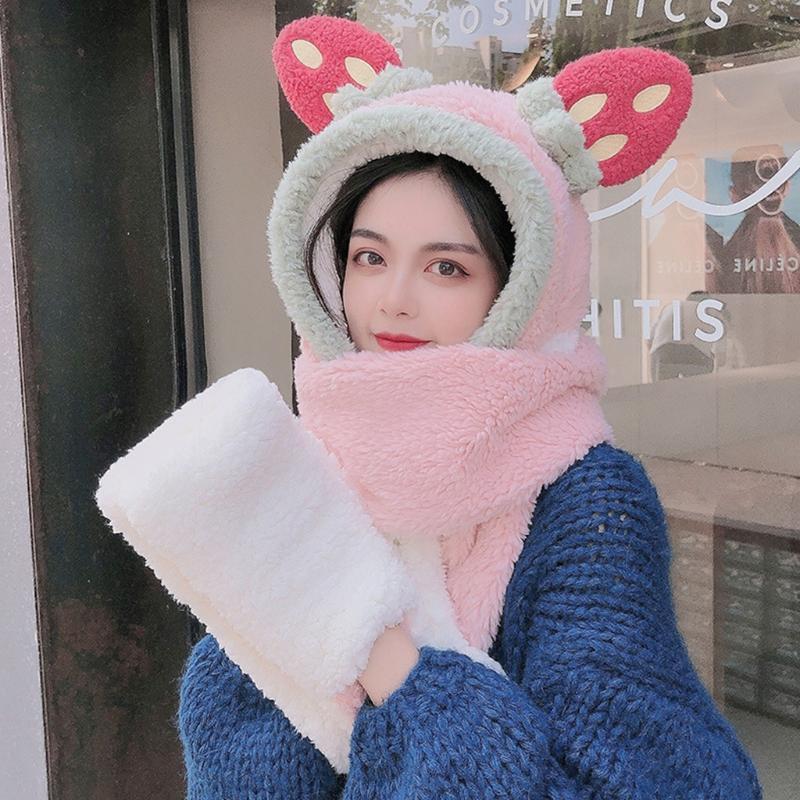 Women Student Winter Warm 3 In 1 Plush Hooded Scarf Hat Gloves Set Cartoon Big Strawberry Ears Contrast Color Windproof Cap
Women Student Winter Warm 3 In 1 Plush Hooded Scarf Hat Gloves Set Cartoon Big Strawberry Ears Contrast Color Windproof Cap