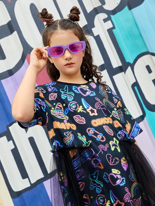 Girls Cartoon Graphic Sheer Mesh Detail Dress SHE