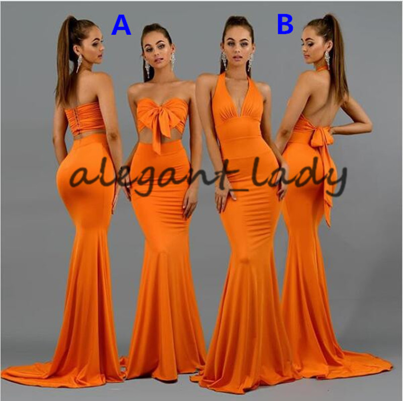 Sexy Fashion Orange Long Bridesmaid Dresses 2021 Two Pieces Mermaid Beach Holiday Boho Junior Maid of Honor Wedding Guest Gown
