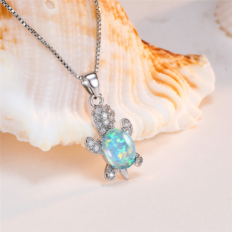 Colorful Gemstone Cute Turtle Pendant Necklace White Gold Plated Jewelry for Women Gift