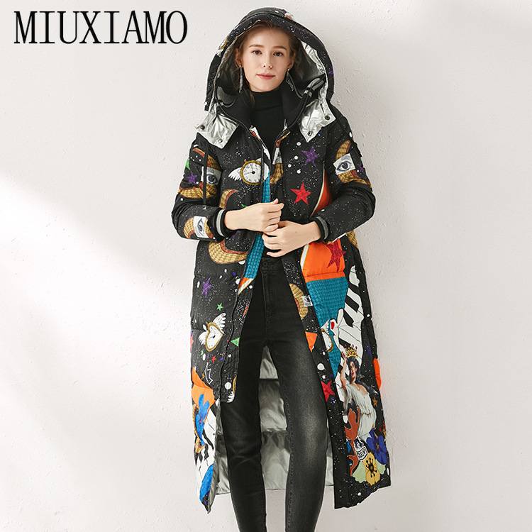 MIUXIMAO Winter Coat Loose Piano Print Elegant Fashion Warm Long Coat Vintage X-Long Women Down Winter Coat Female Overcoat 201019
