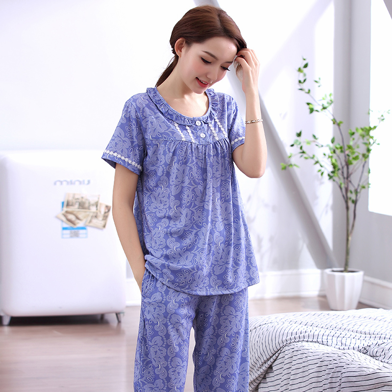 New pajamas women's summer cotton home clothing plus size short sleeve floral lingerie women sleepwear cotton pajamas set women 210203