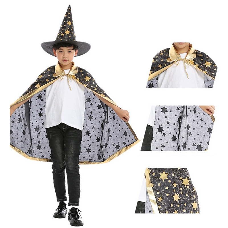 2pcs/set Halloween Cape Cloak Hood+Witch Hats Children Performer Magician Wizard Hot Stamping Five Star Cloak Cape Poncho Hat Set