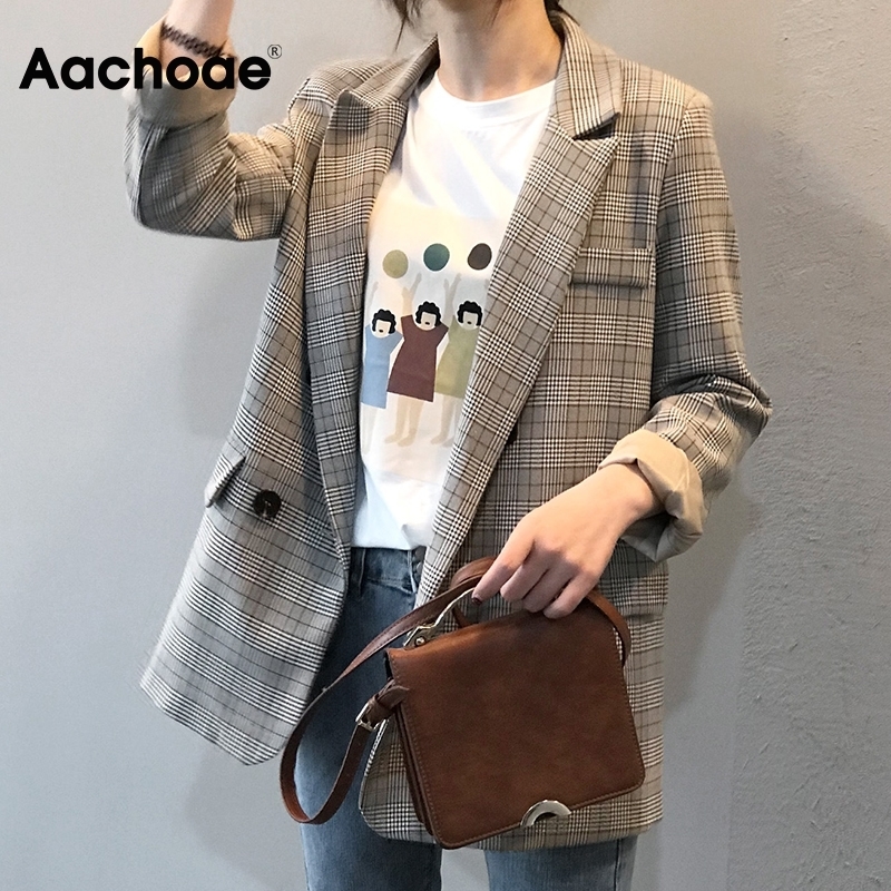 Aachoae Korean Style Chic Plaid Blazer Women Office Wear Long Sleeve Female Jacket Vintage Loose Pockets Double Breasted Coat 201114